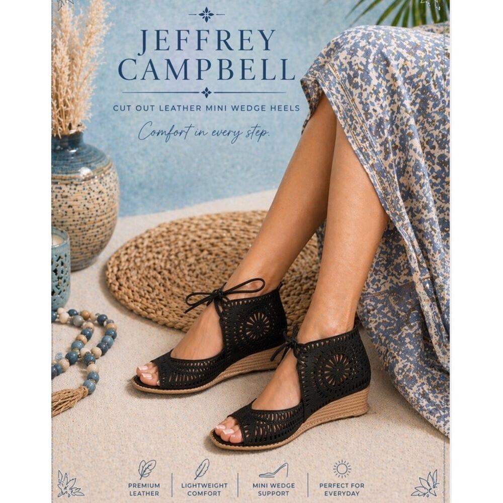 Jeffrey Campbell Rodillo Black Mini Low Heel Wedge Leather Sandals Sz 9 9.5 NEW